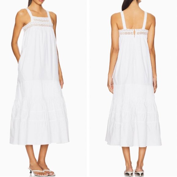 NEW Maude Club Revolve Sylvie Midi Dress White Cotton Sleeveless Square-Neck Tie - Picture 4 of 15